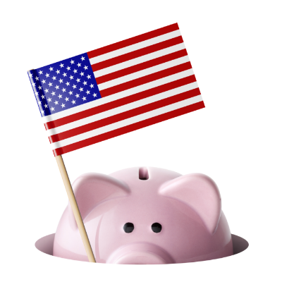 Piggy bank in a hole, holding American flag